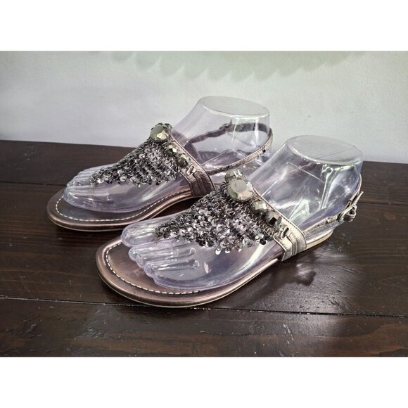 Vince Camuto Milanas Silver Leather Thong Sandals With Rhinestone & Chains/Sz. 6 - Picture 3 of 11